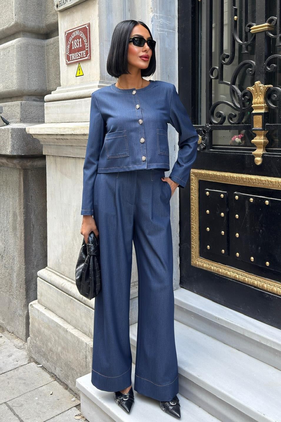 Dikiş Detaylı ve Palazzo Pantolonlu Nikol Takım 10237 R10-I-K4