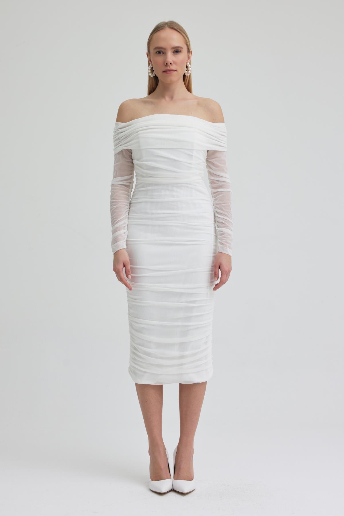 Drape Detaylı Midi Tül Elbise 2939 R3-B-K1
