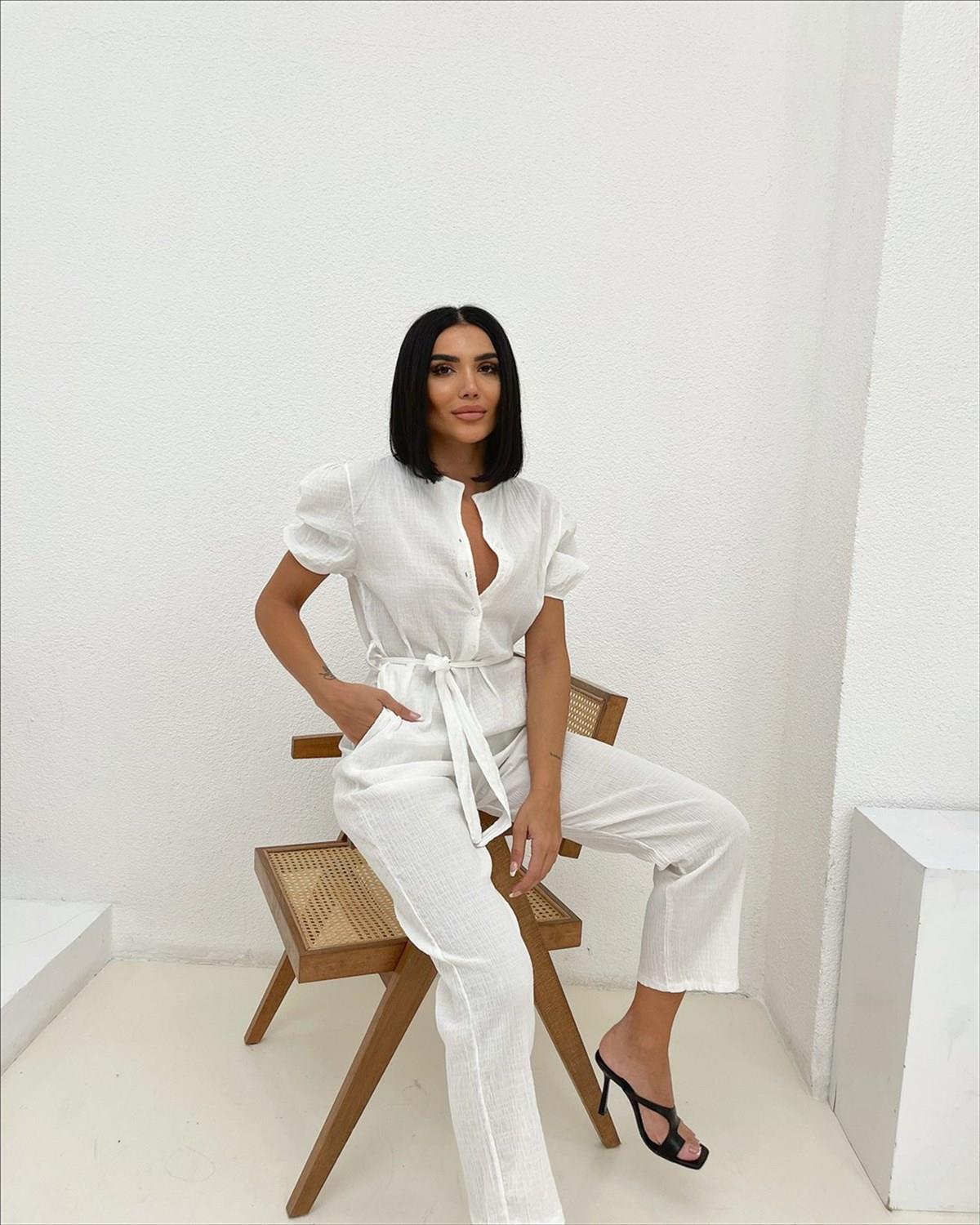 Düğme detay rahat tulum - BEYAZ