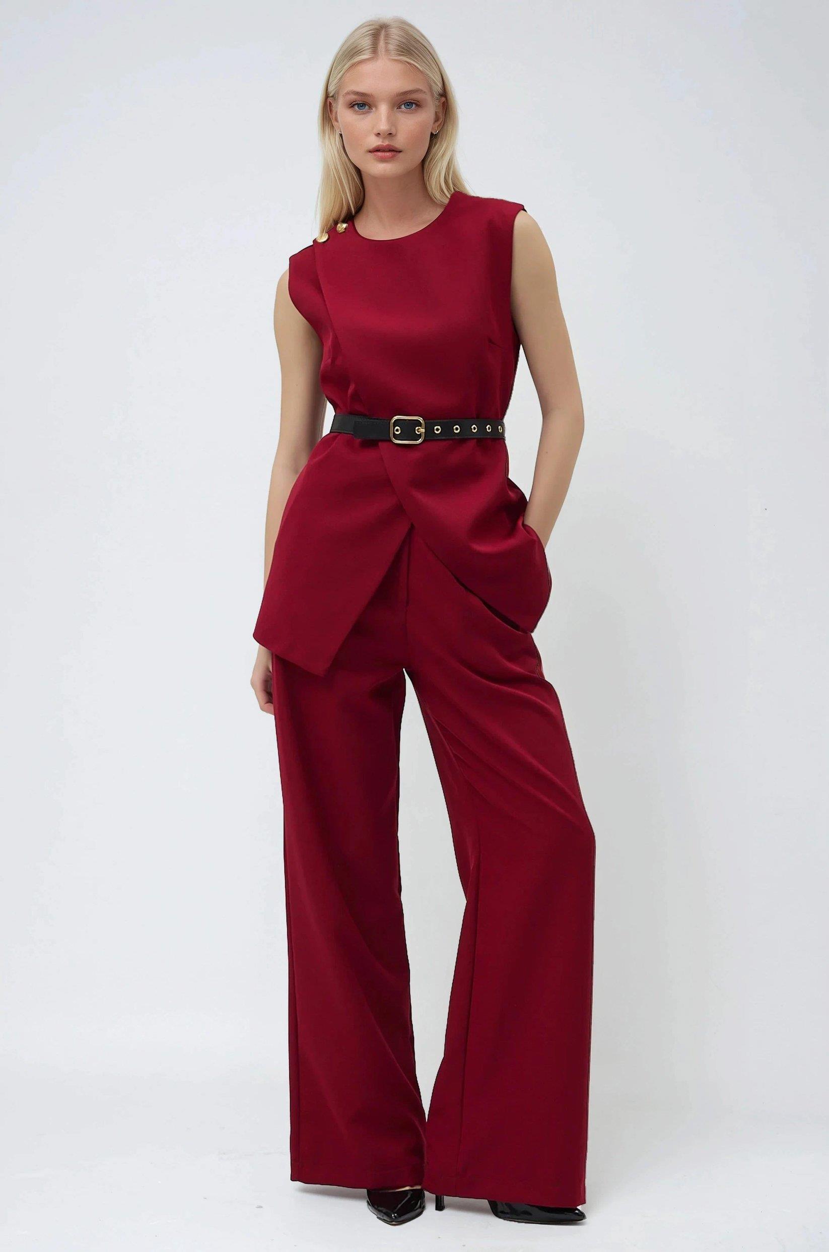 Düğme ve Kemer Detaylı Bluz Pantolon Double Takım 10289