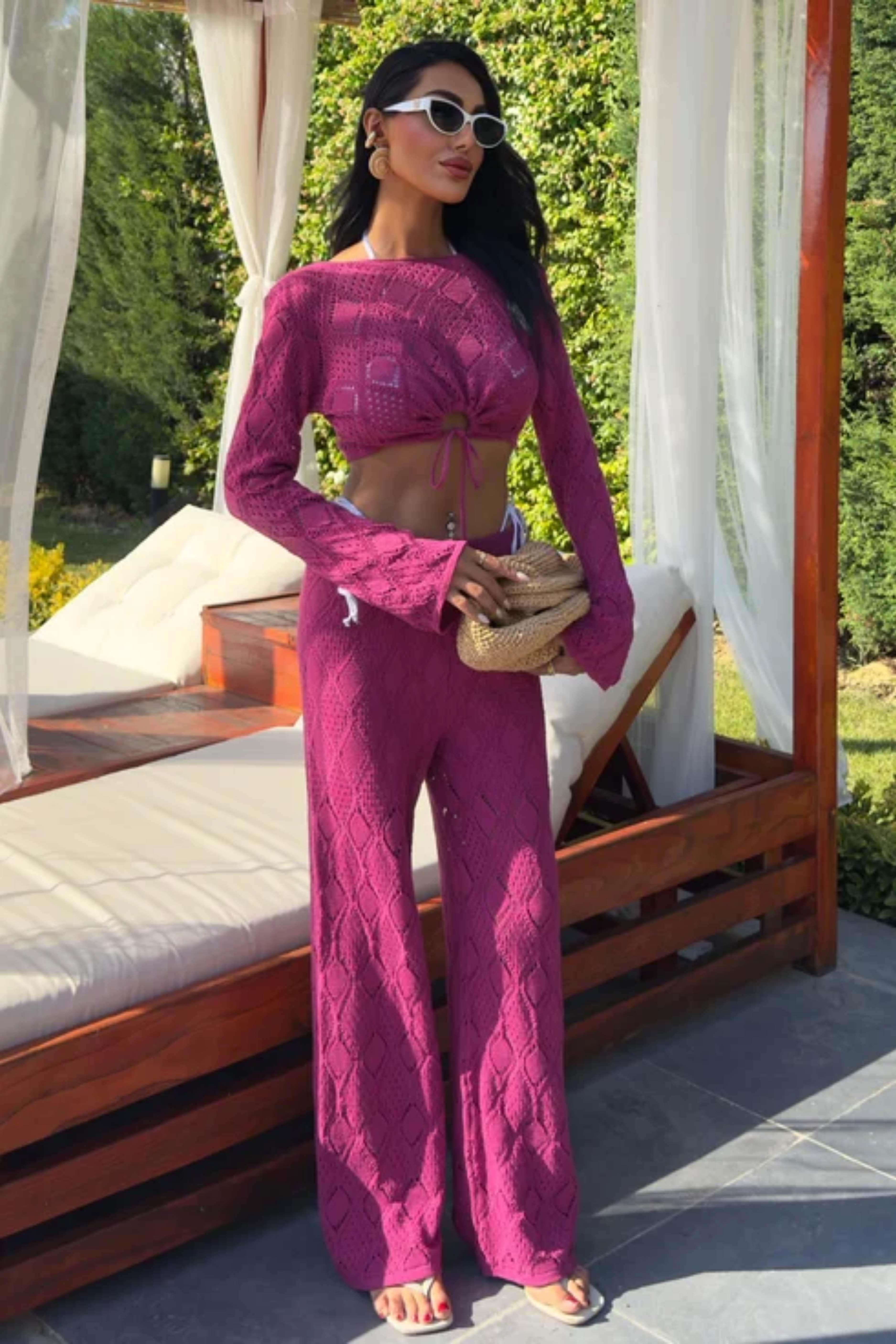 Göğüs Bağcık Detaylı Ajurlu Bluz Pantolon Takım 10098 R1-G-K4