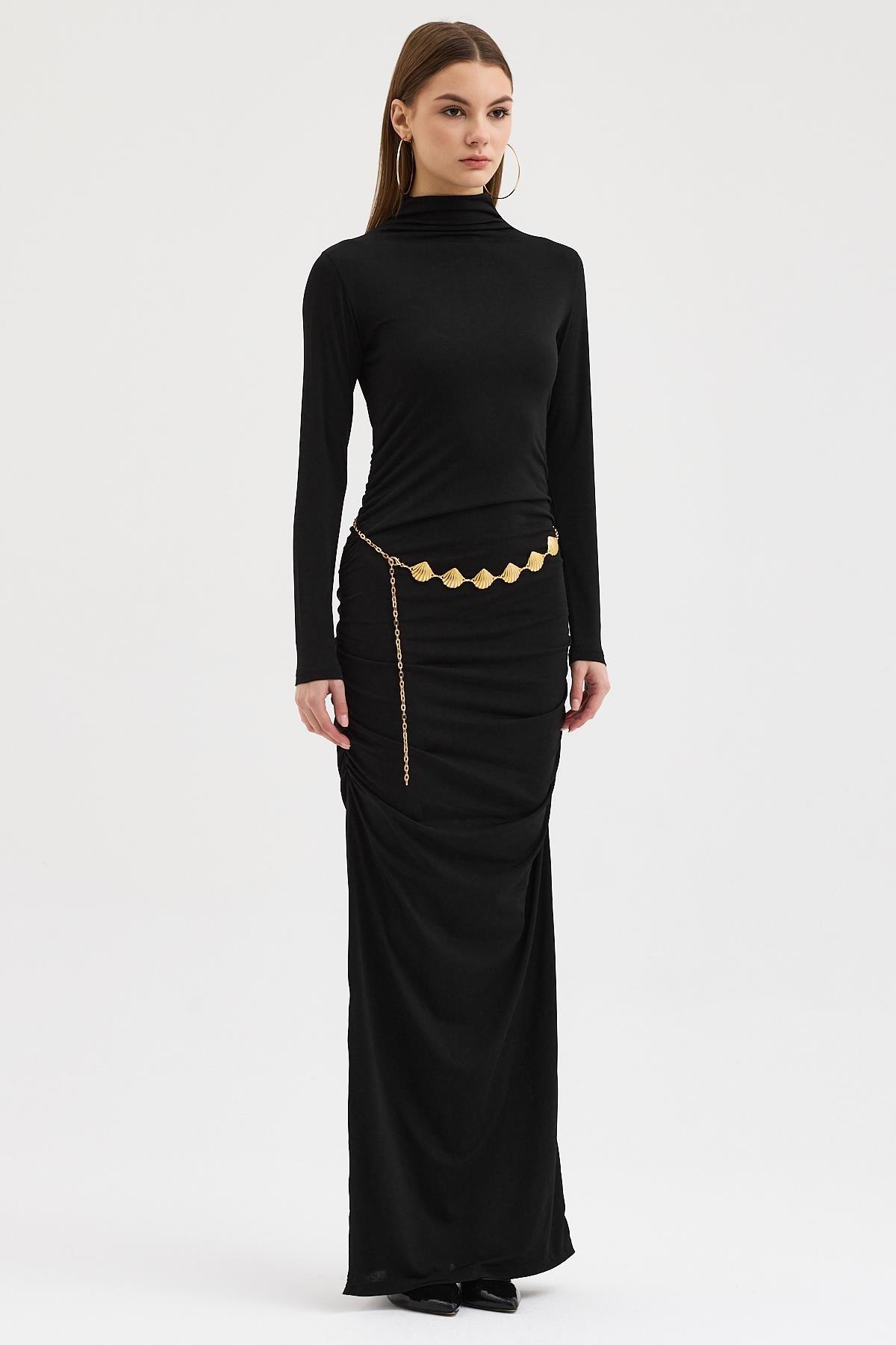 Gold Kemerli ve Drape Detaylı Uzun Elbise 2953