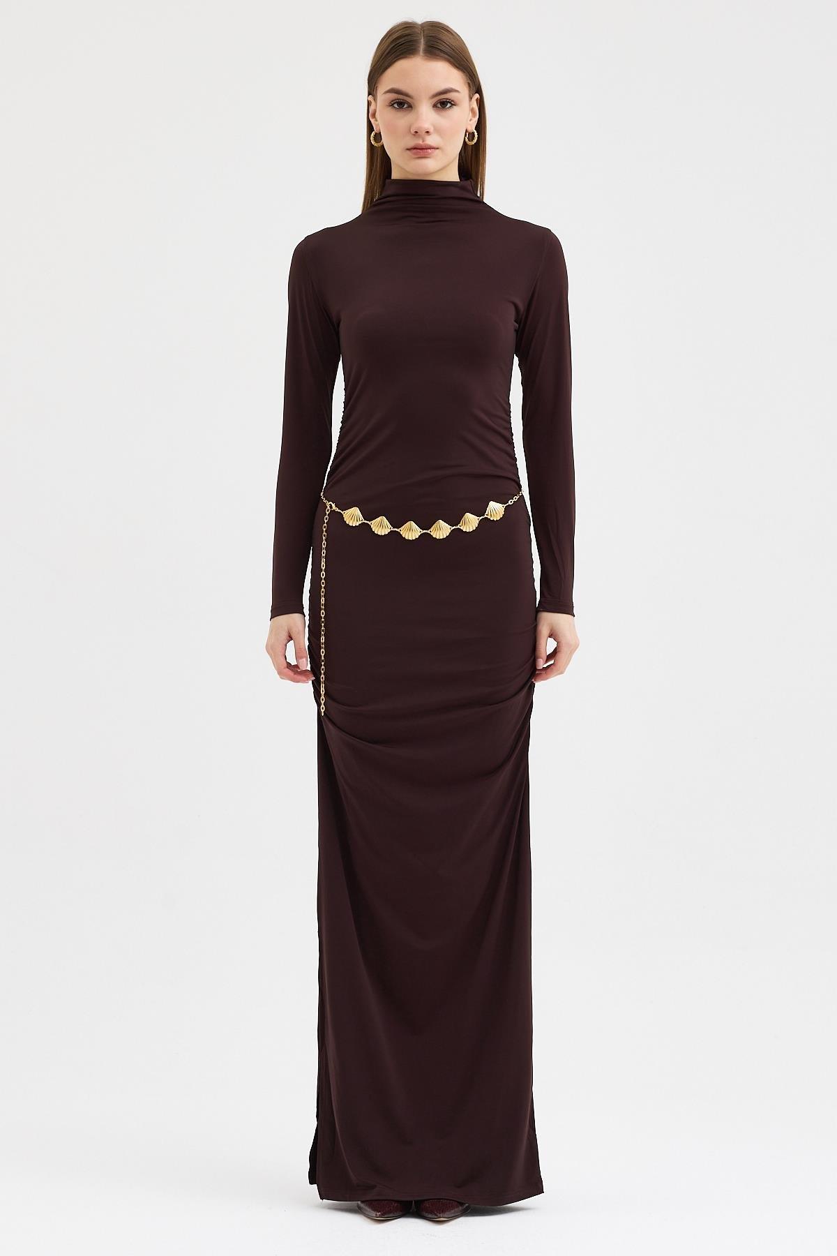 Gold Kemerli ve Drape Detaylı Uzun Elbise 2953