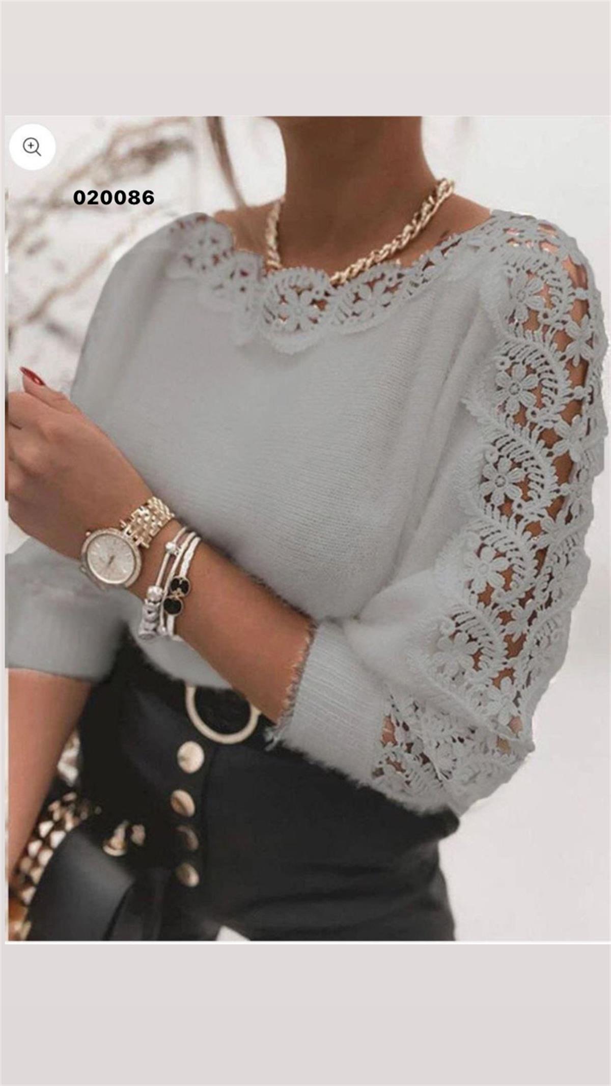 GRİ Yumuşak kumaş güpür detay bluz