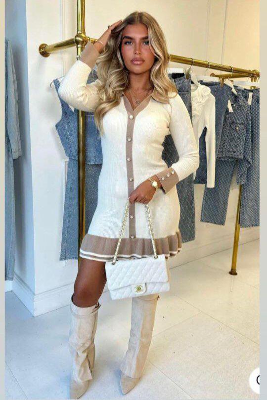 İthal Kaşkorse Kumaş Düğme Ve Fırfır Detay Elbise