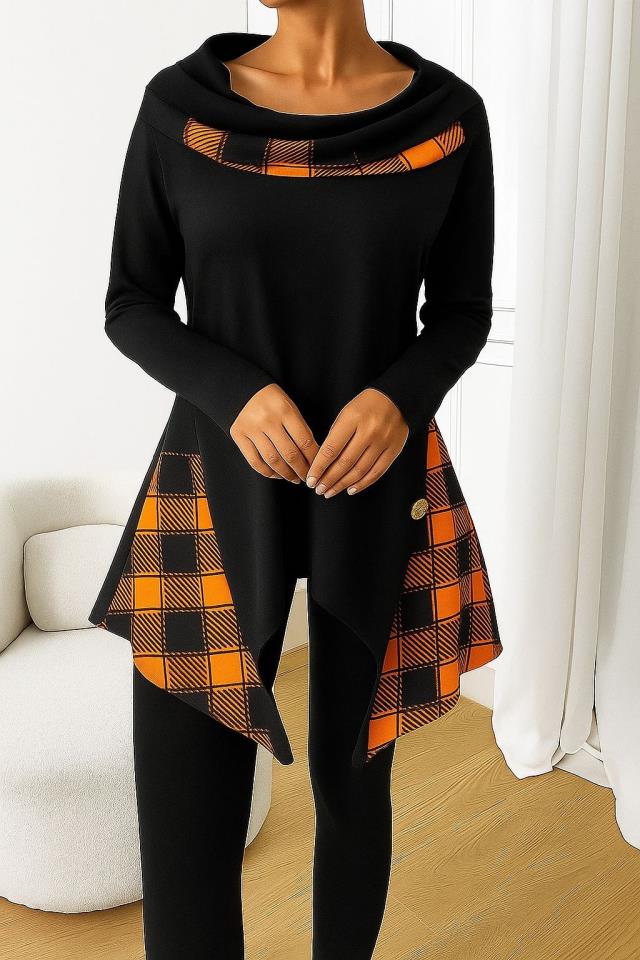 İthal Scuba Dalgıç Kumaş Ekose Ve Düğme Detay Tunik Elbise