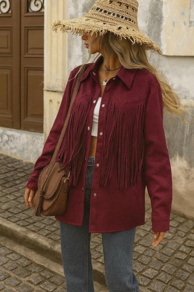 İthal Scuba Süet Kumaş Lazer Püskül Kesim Ceket