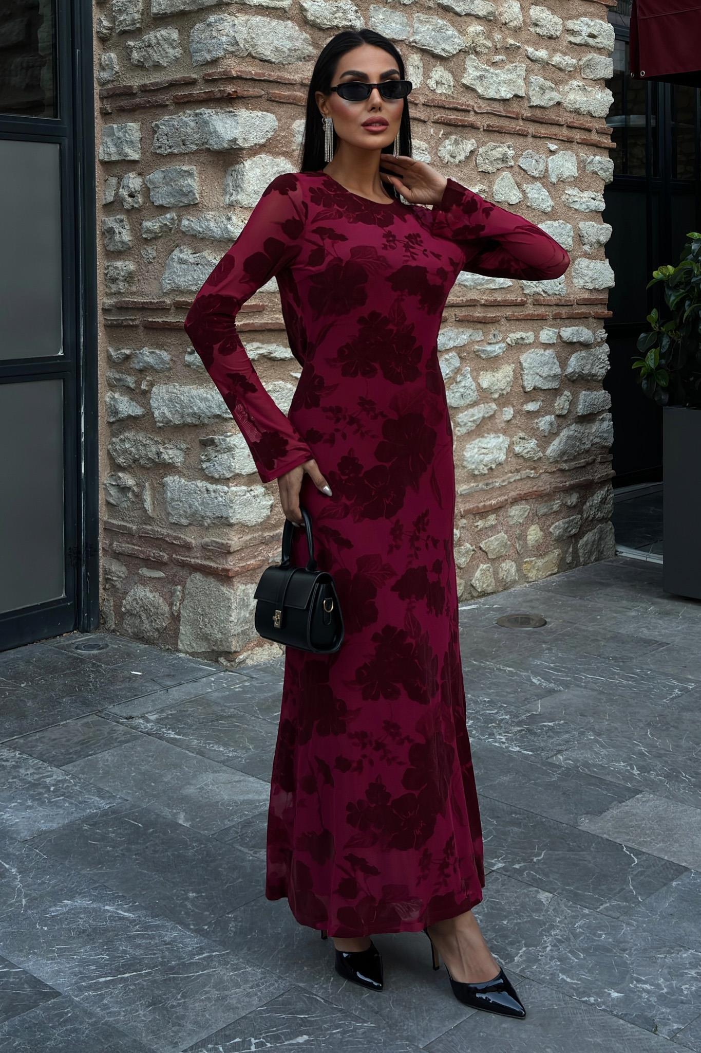 Kadife Baskılı Sırt Dekolteli Astarlı Elbise 2825 R10-C-K4