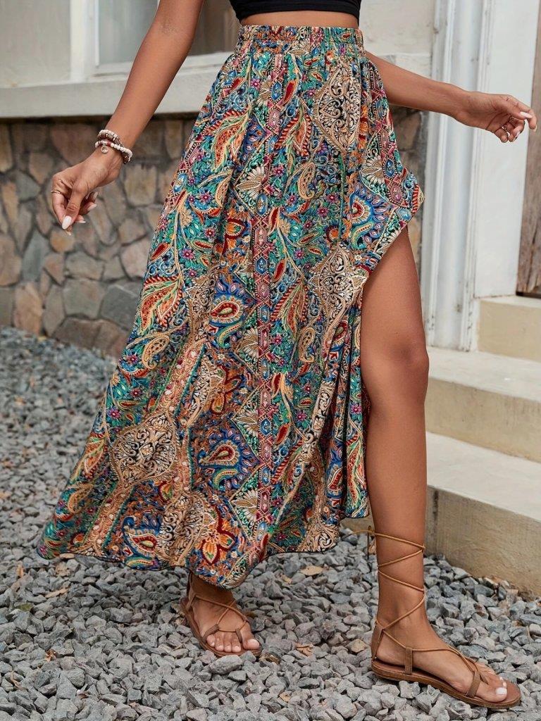 Kadın Beli Büzgülü Yandan Yırtmaçlı Desenli Süprem Etek