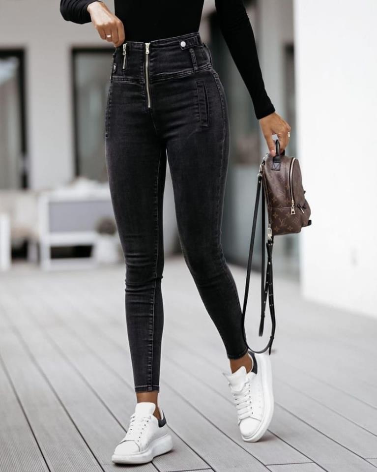 Kadın Fermuar Detay Yüksek Kemerli Kot Pantolon