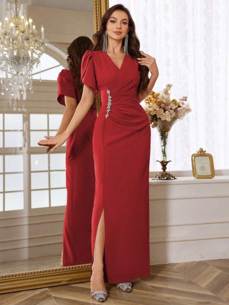 Kadın Kısa Kollu Kruvaze Yakalı Belden çiçek Aksesuarlı Yırtmaçlı Ithal Krep Elbise