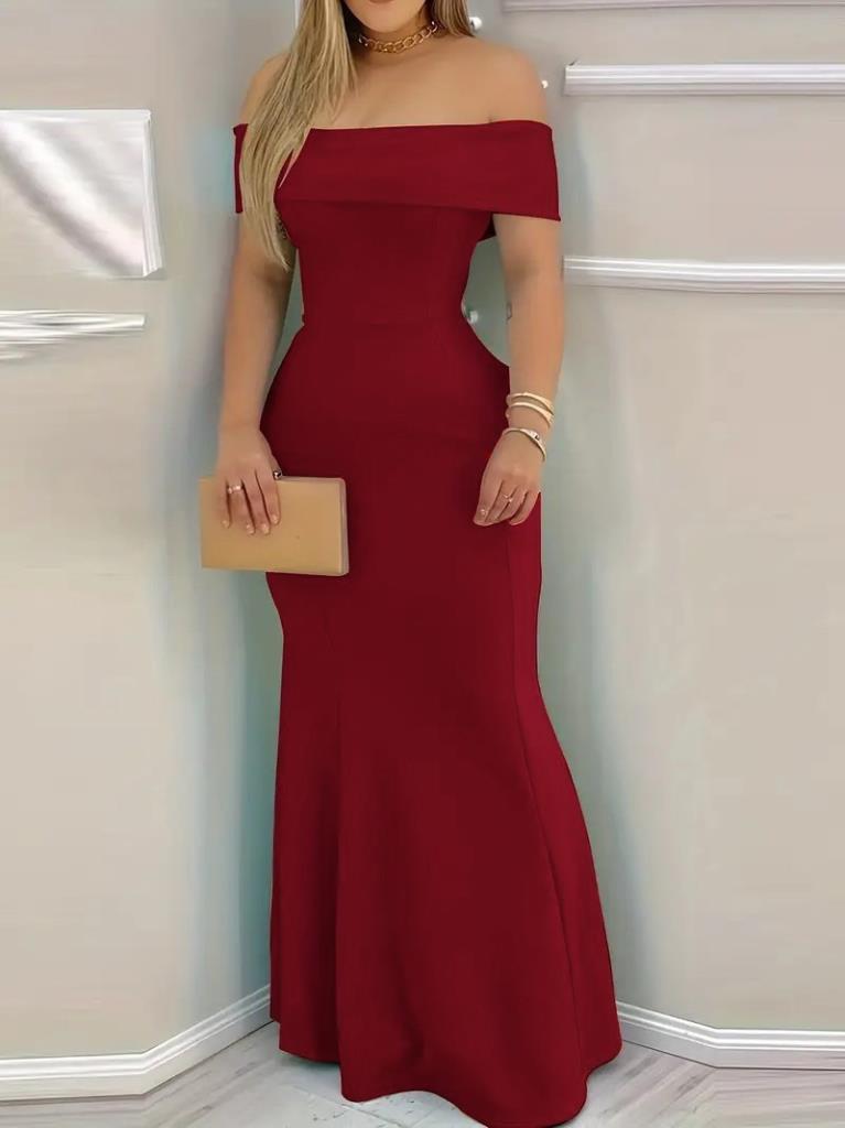 Kadın Kısa Kollu Madonna Yaka Belden Oturtmalı Uzun Ithal Krep Elbise