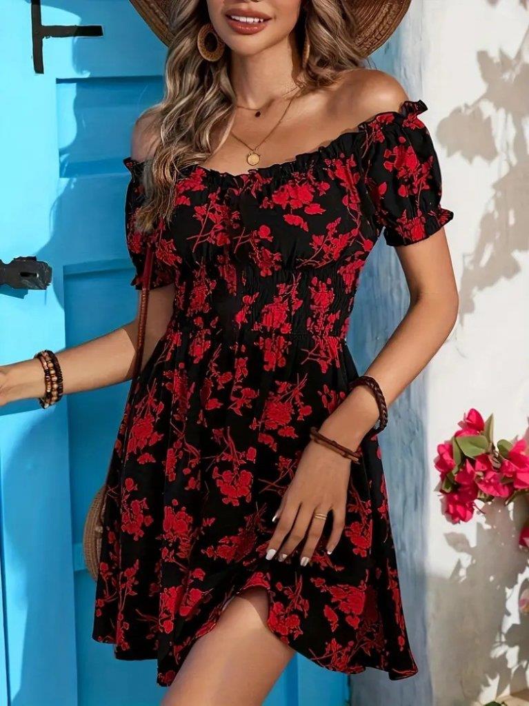 Kadın Kısa Kollu Madonna Yaka Beli Lastikli çiçek Desenli Kısa Süprem Elbise