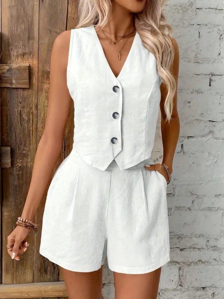 Kadın Sıfır Kol Askılı V Yakalı önden Düğmeli Ithal Keten Ceket Ve Short Ikili Takım
