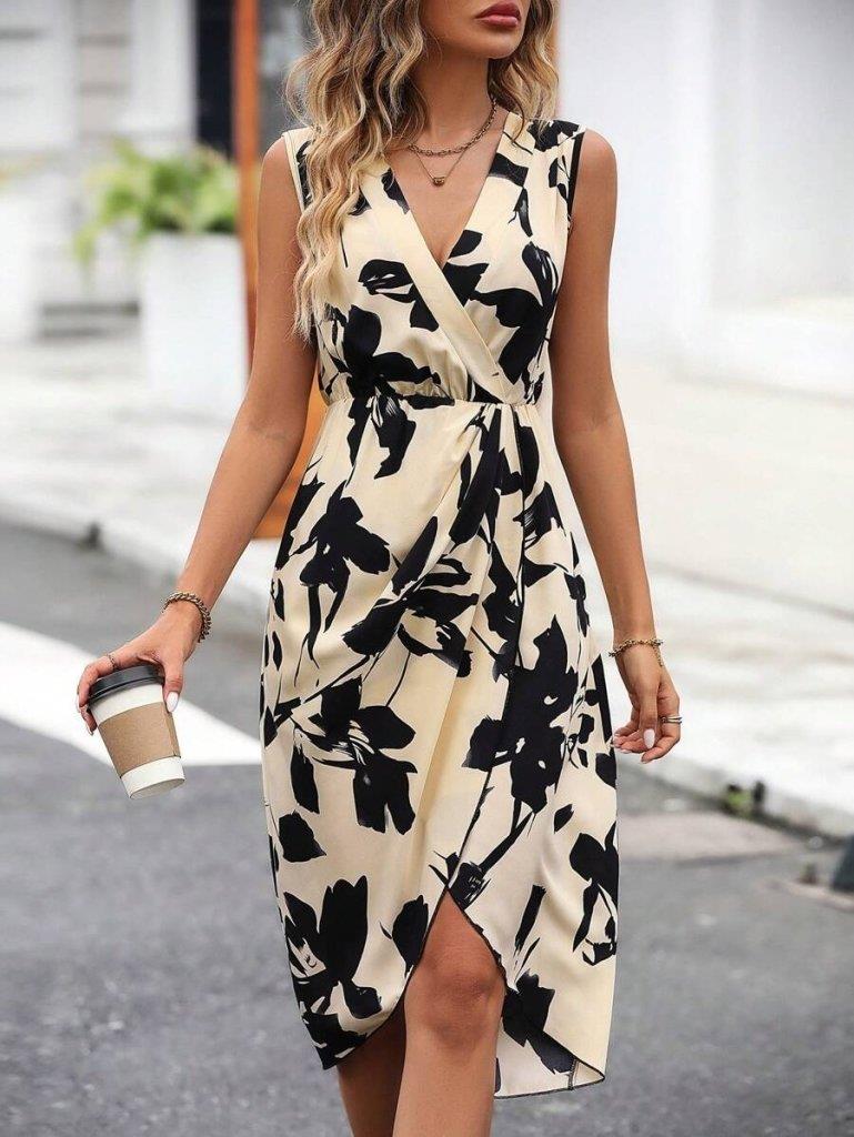 Kadın Sıfır Kol Kruvaze Yaka önden çapraz Kesim Detaylı Desenli Oysho Süprem Elbise