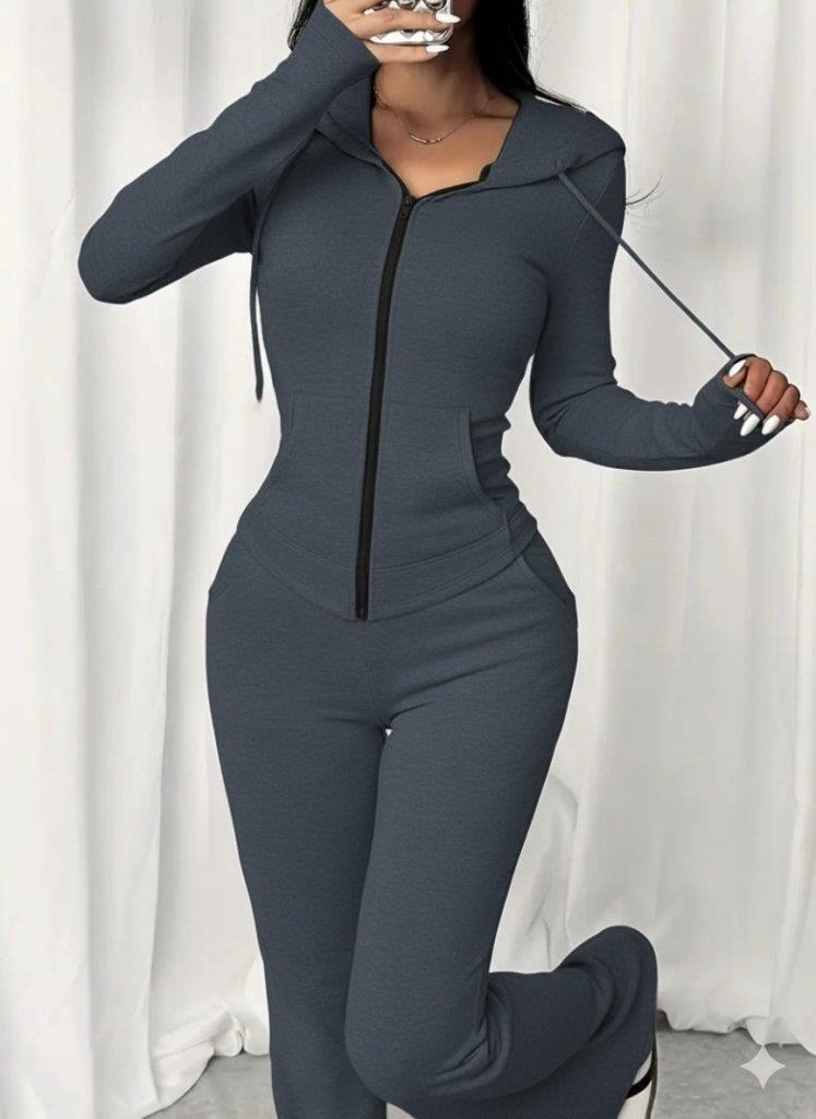 Kadın Uzun Kollu Kapşonlu Bağcıklı önü Fermuarlı Viskon Iki Iplik Bluz Ve Pantolon Ikili Takım