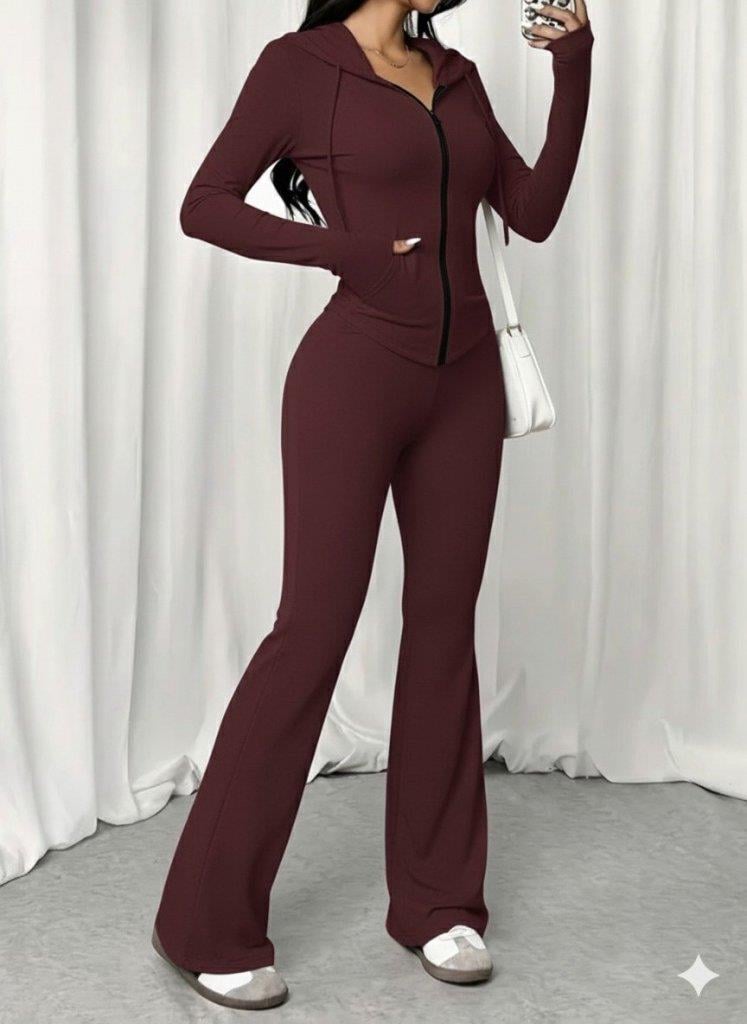 Kadın Uzun Kollu Kapşonlu Bağcıklı önü Fermuarlı Viskon Iki Iplik Bluz Ve Pantolon Ikili Takım