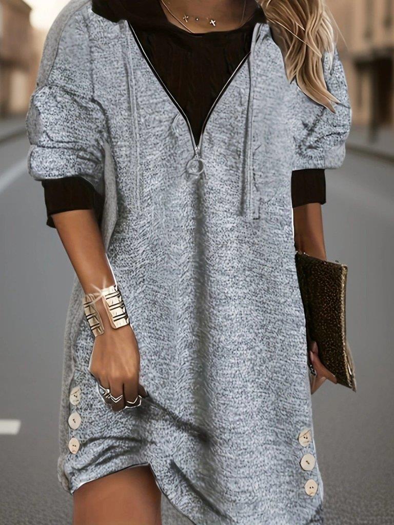 Kadın Uzun Kollu Kapşonlu önden Fermuarlı Düğmeli Mini Iki Iplik Elbise
