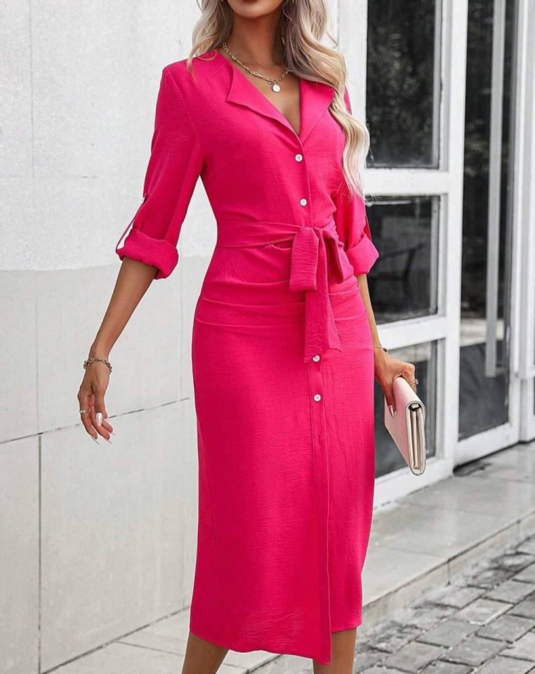 Kadın Uzun Kollu önden Düğmeli Beli Kuşaklı Aerobin Kumaş Elbise