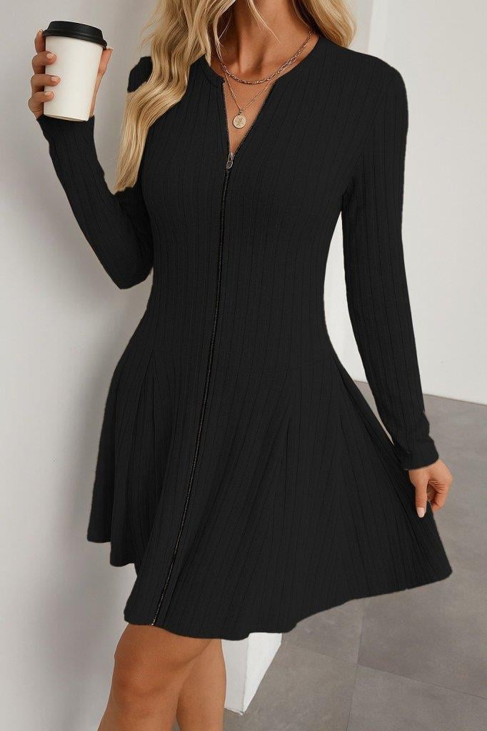 Kadın Uzun Kollu önden Fermuarlı Pileli şardonlu Kaşkorse Mini Elbise