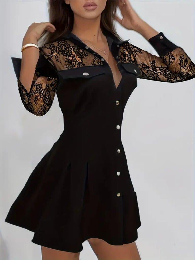 Kadın Uzun Kollu Yakalı önden Düğmeli Cep Detaylı Mini Modal Elbise