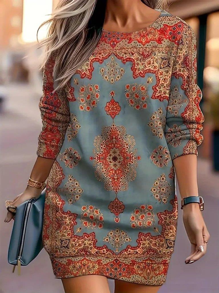 Kadın Uzun Kollu Yuvarlak Yaka Desenli Mini Modal Elbise