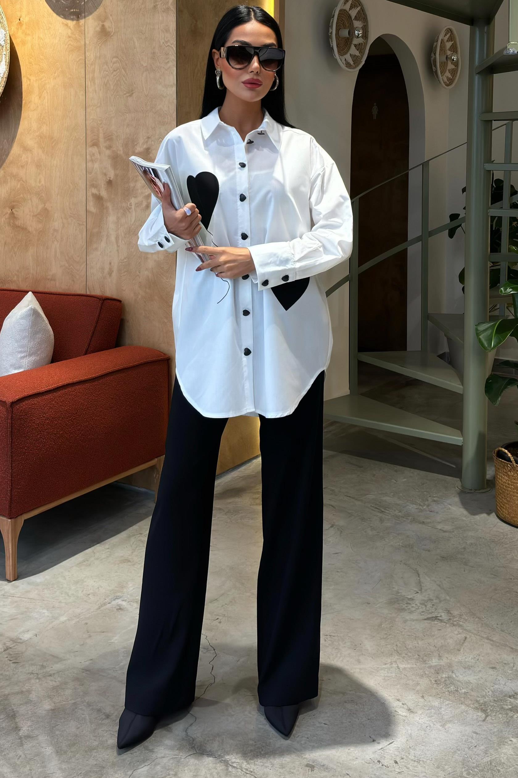 Kalp Nakışlı ve Düğme Detaylı Oversize Gömlek 3430 R7-A-K4