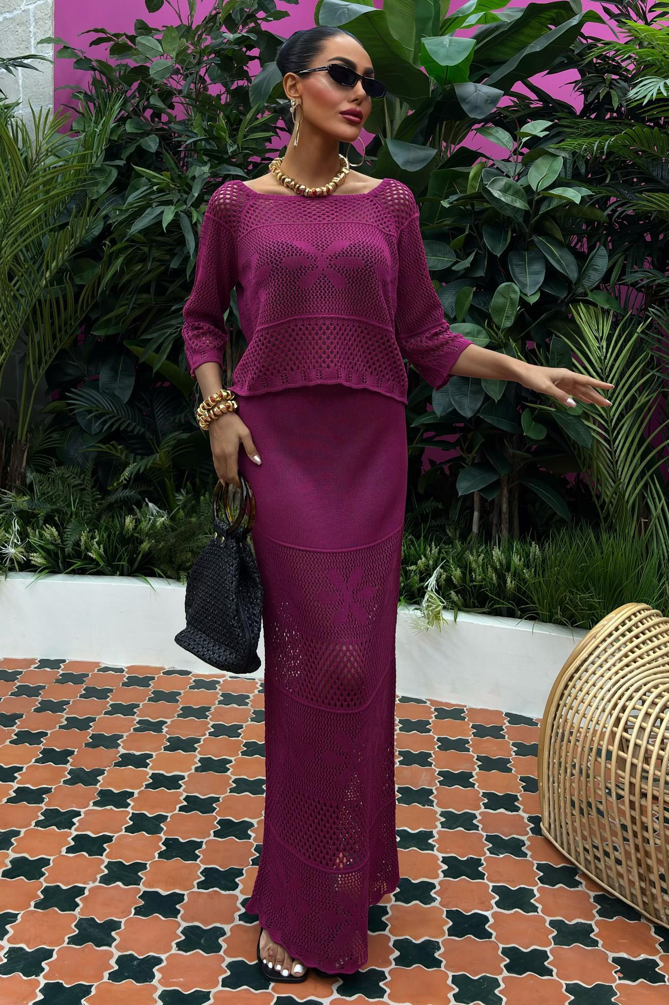 Kayık Yaka Yarım Kol Ajurlu Triko Takım 10093 R1-M-K2