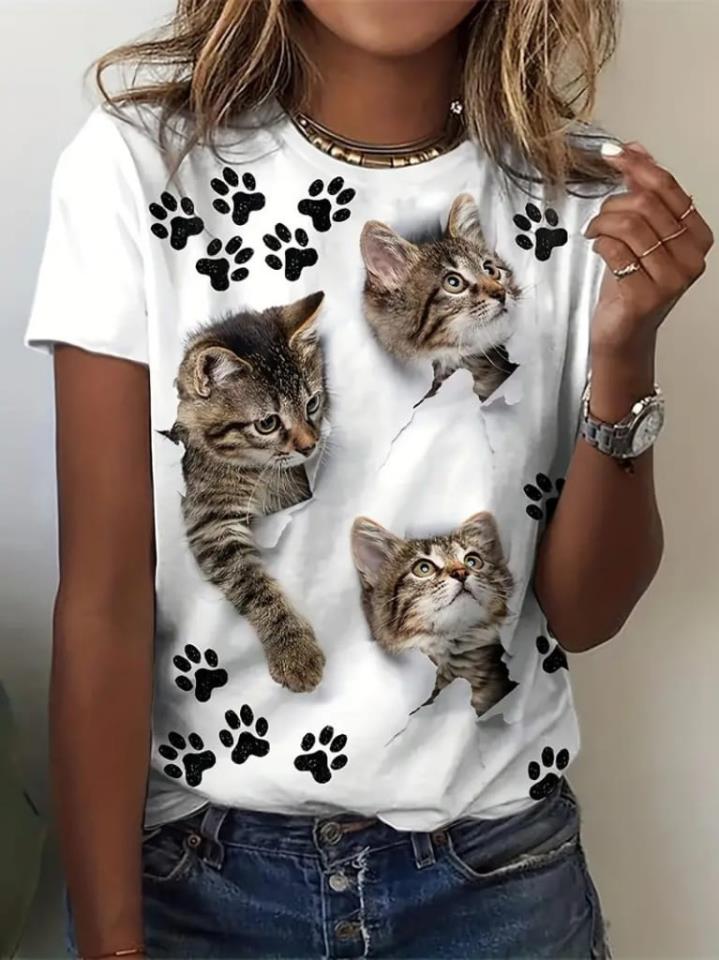 Kedi Ve Pati Baskılı Süprem Kumaş Bluz-tshrt