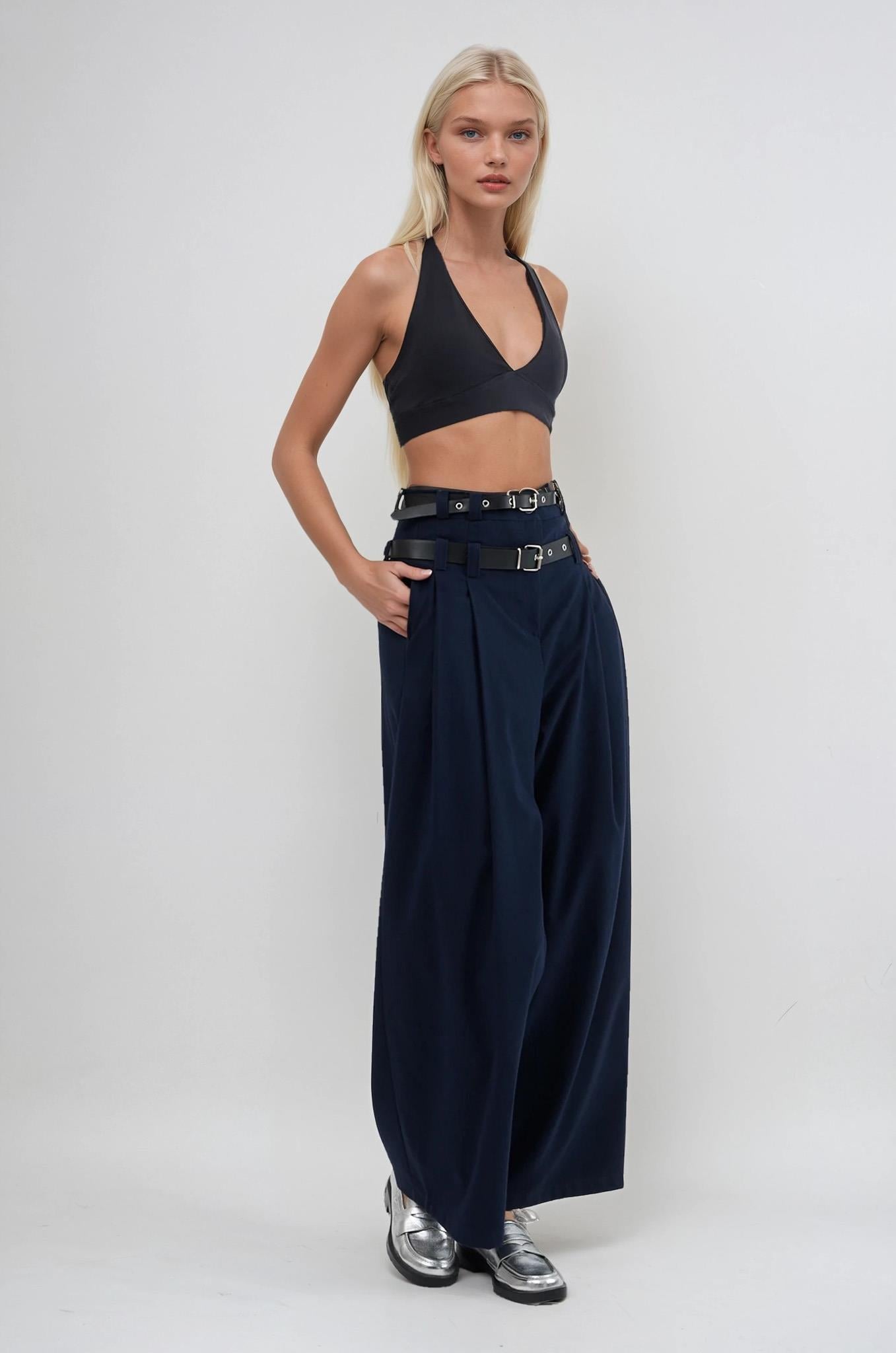 Kemerli Geniş Paça Pantolon   0123