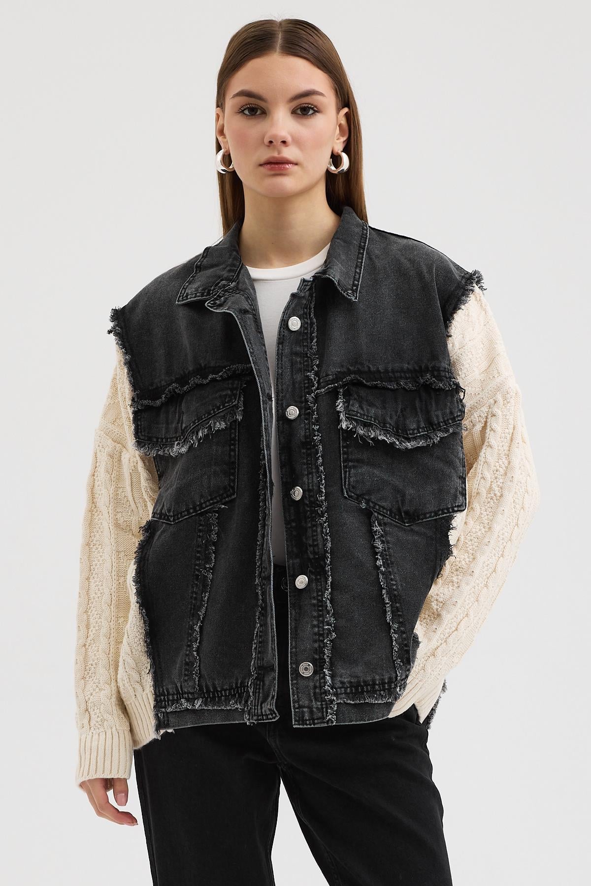 Kol Örgülü Rahat Denim Ceket  6173