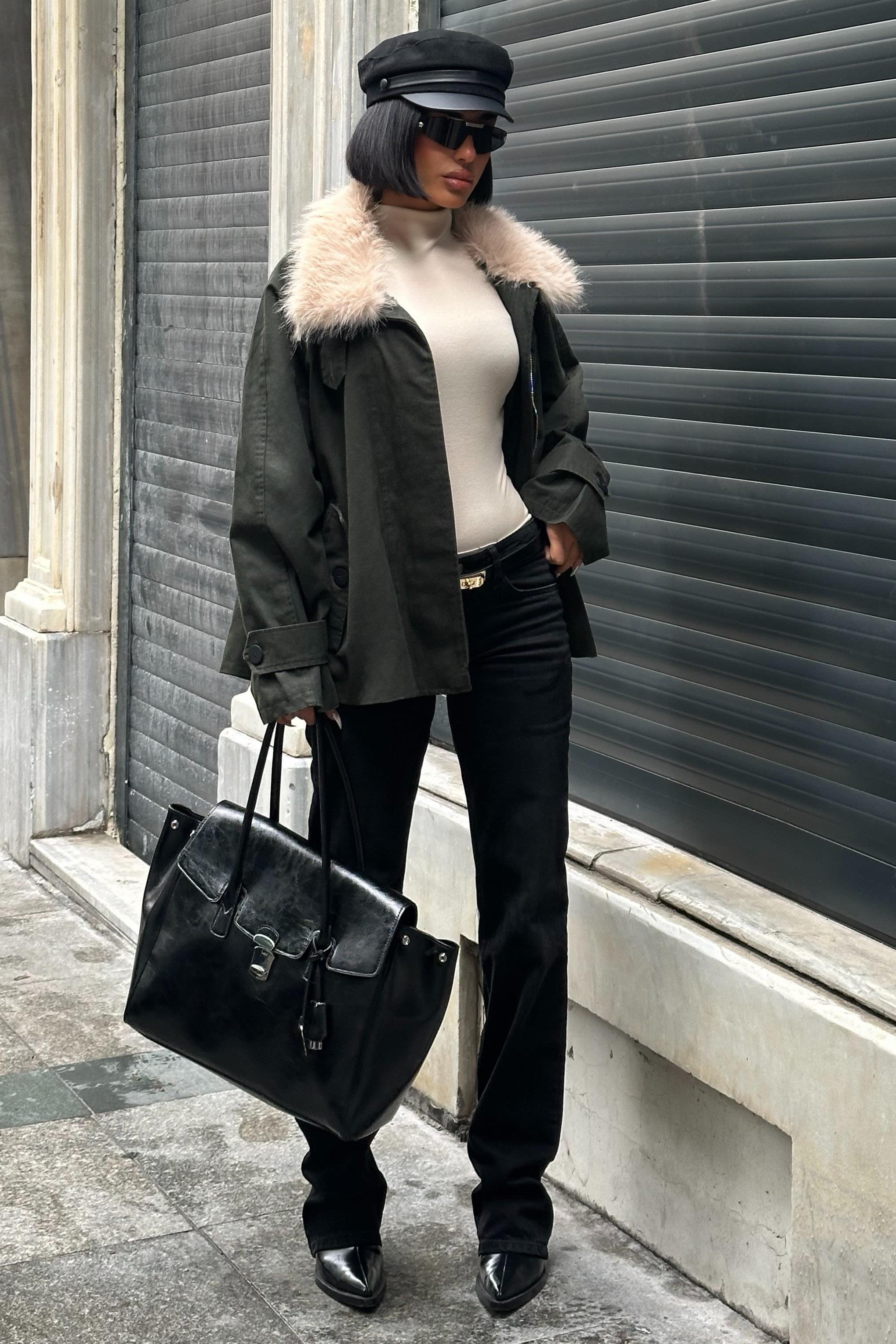 Kürk Yakalı Oversize Ceket 6135-08