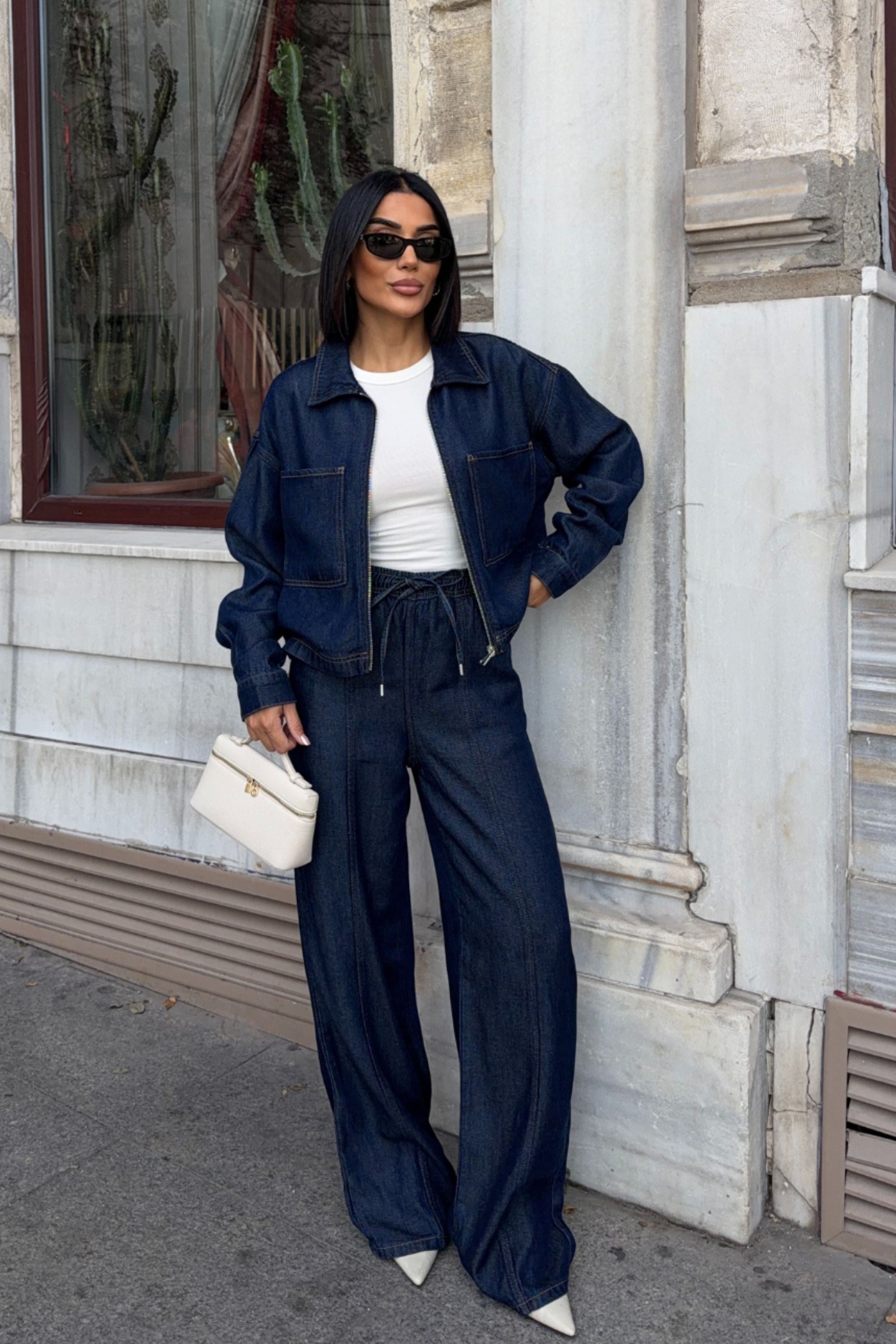 Lacivert Denim Fermuarlı Ceket ve Bol Paça Pantolon İkili Takım 10373