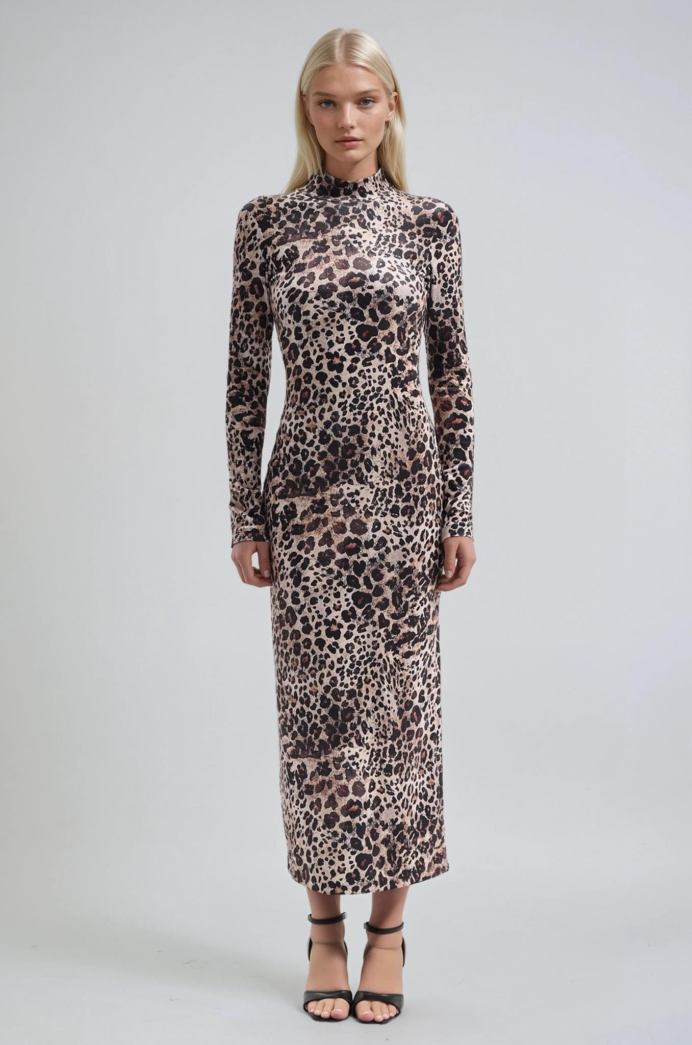 Leopar Desenli Dik Yaka Leopar Elbise 2974