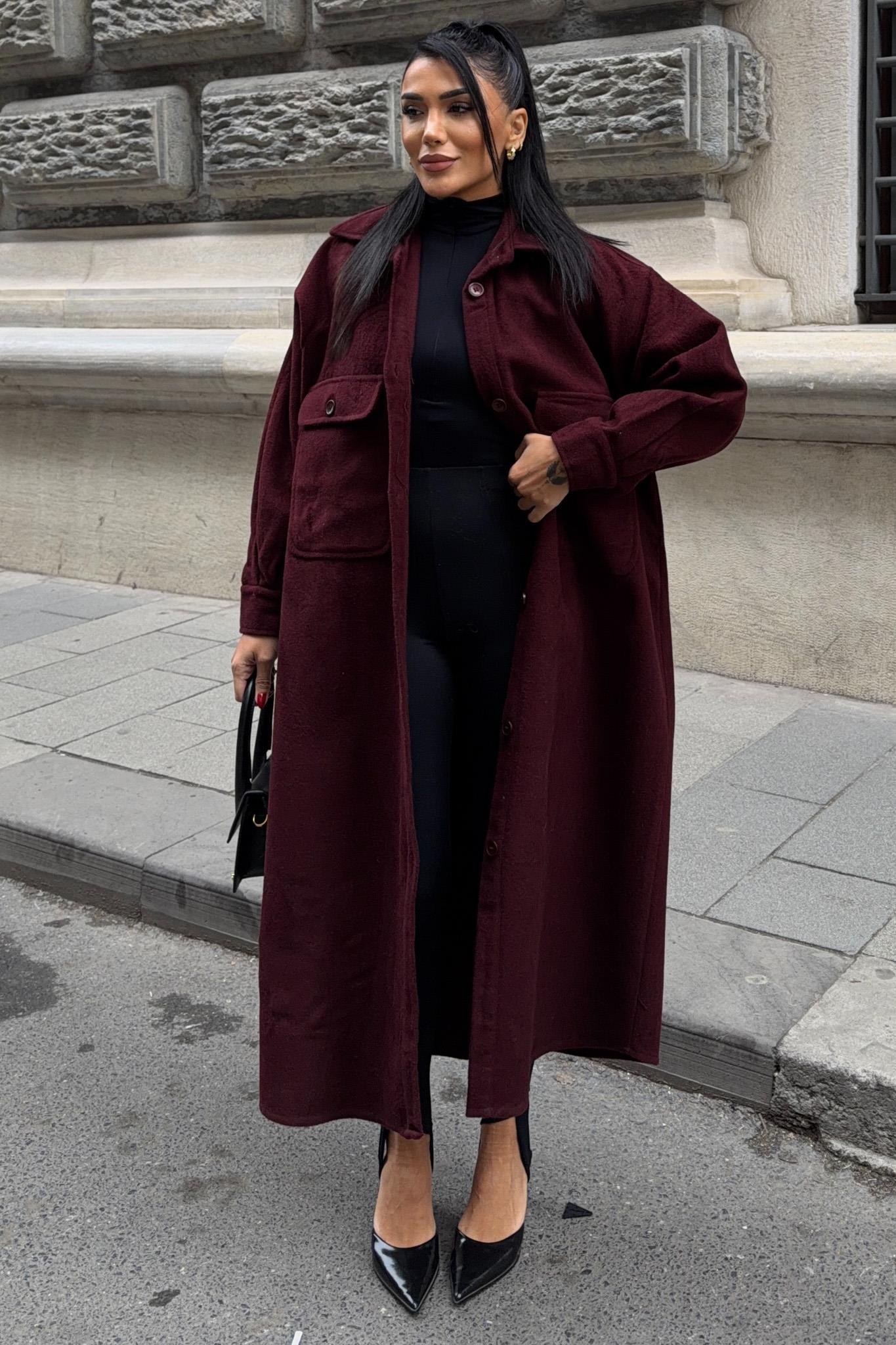 Oversize Cepli Düğmeli Uzun Kaşe Kaban 7131