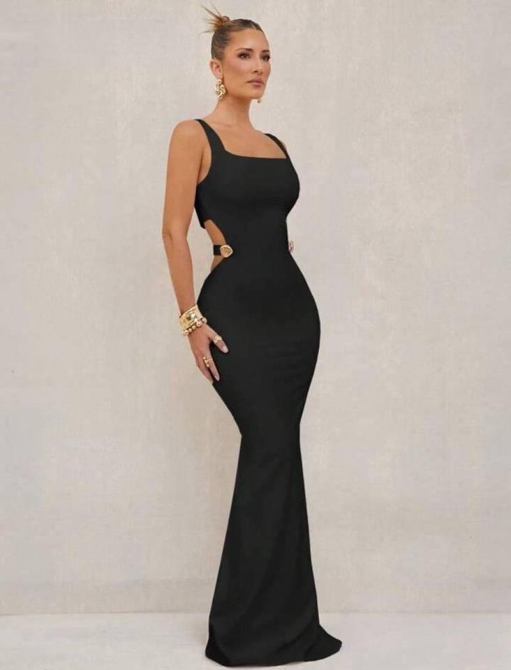 ÖZEL FİYAT Kalın Askılı Yanları Düğme Detaylı Sırt Dekolteli Yırtmaçlı Elbise