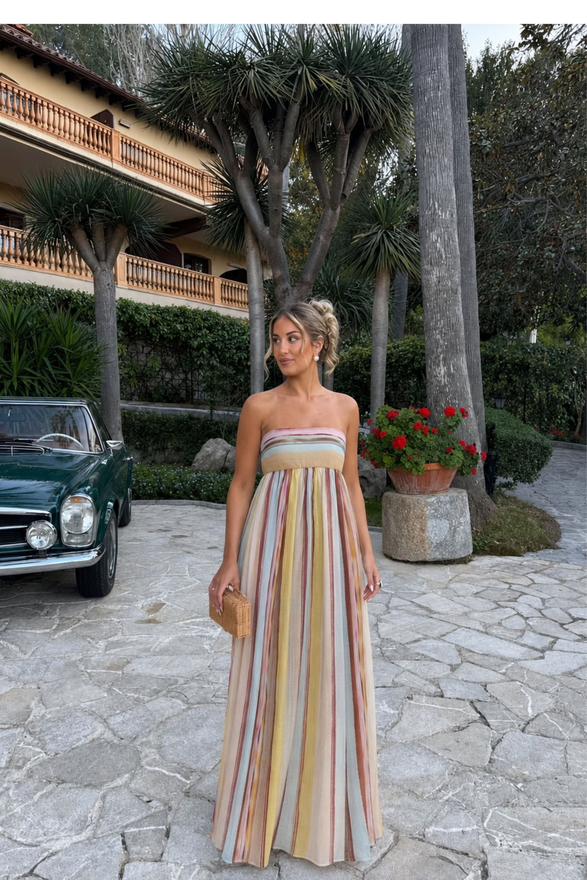 Pastel Çizgili Straplez Maxi Elbise 2062