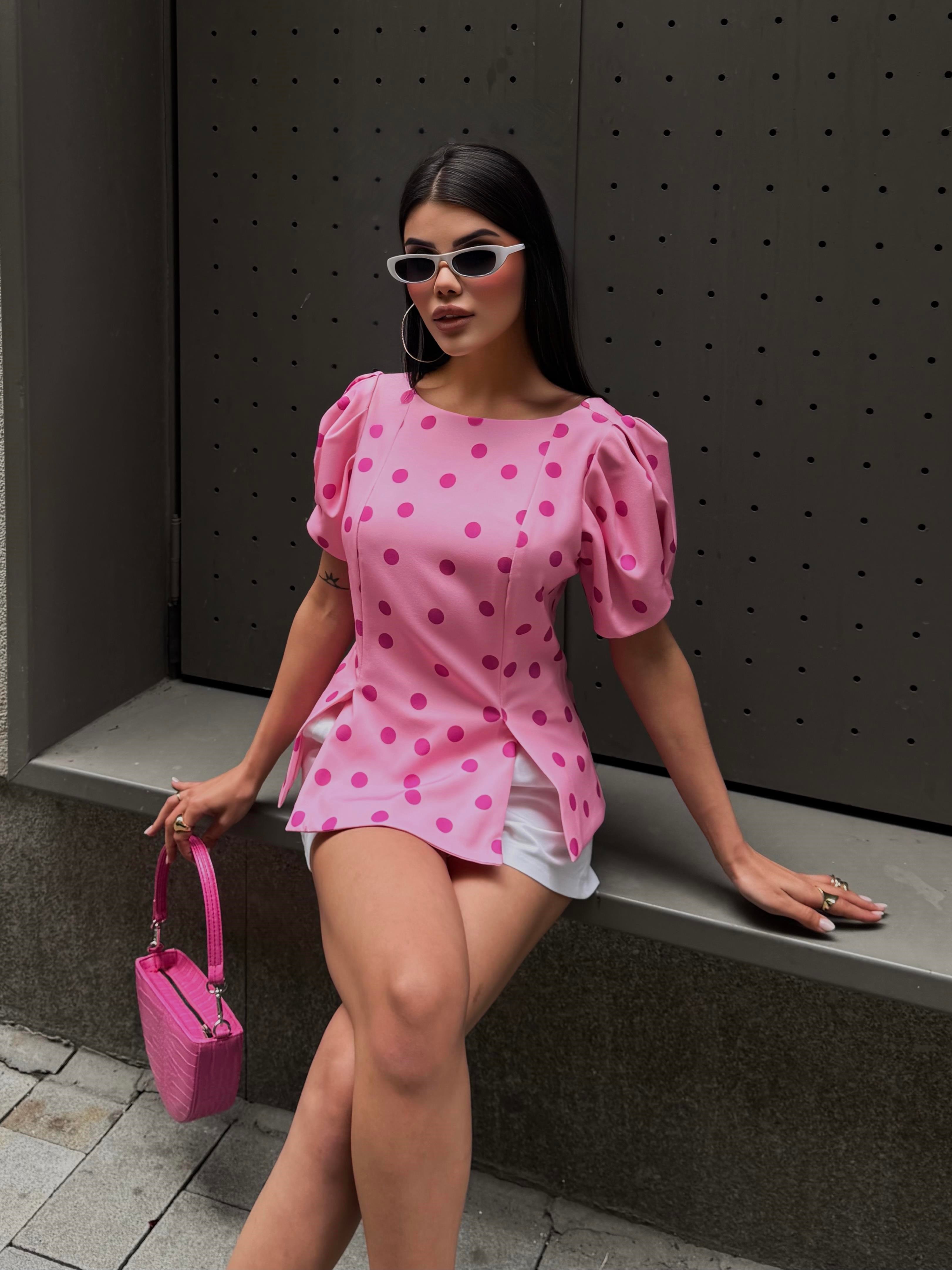 Pembe Puantiyeli Vatkalı Balon Kol Bluz 3483