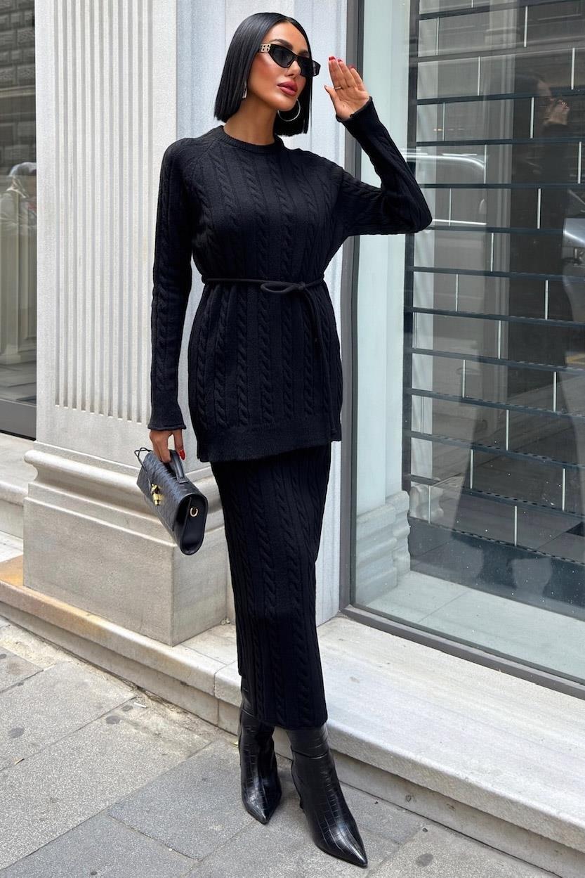 Saç Örgü Desenli Kuşaklı Triko Takım 10218 R1-C-K1