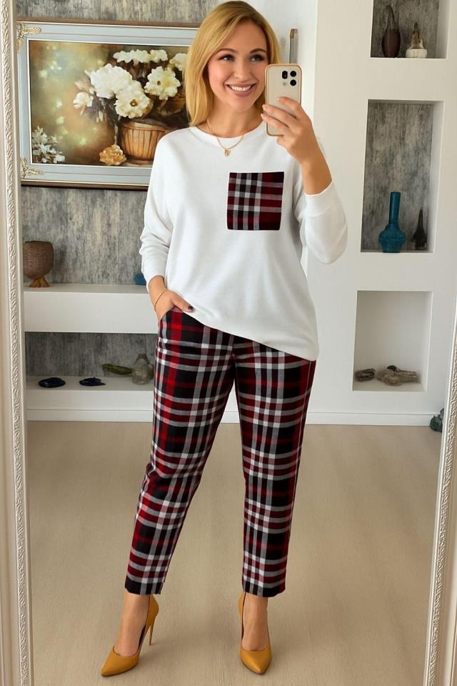 Scuba Dalgıç Kumaş Ekose Desen Pantolon Bluz Ikili Takım