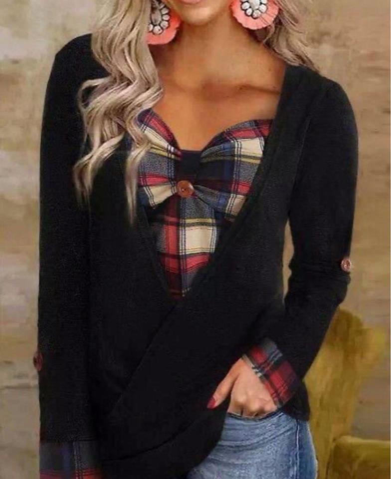 Scuba Dalgıç Kumaş Ekose Ve Düğme Detay Bluz