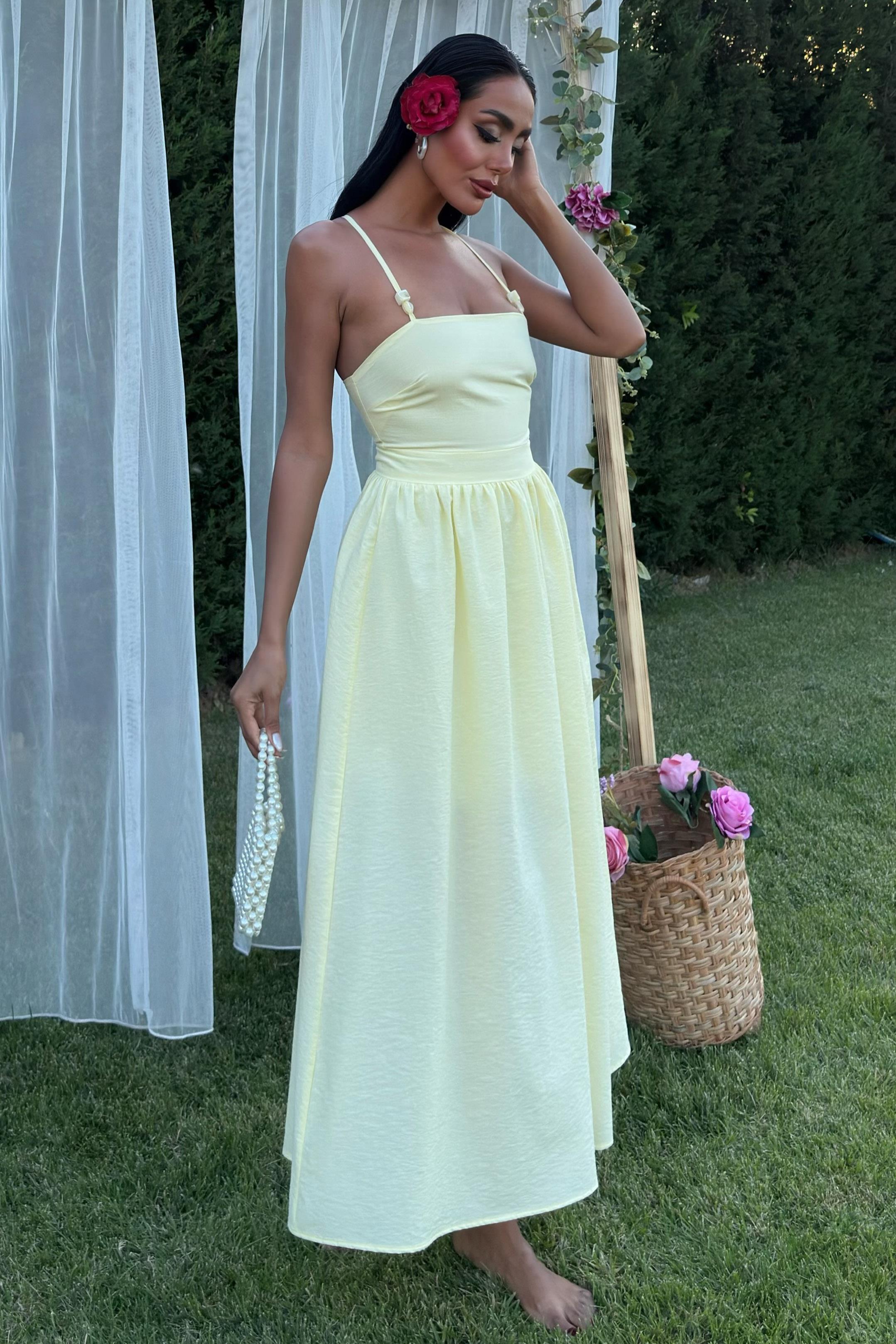 Sırtı Çapraz İpli Boncuk Detaylı Elbise 2902-08 R7-D-K2