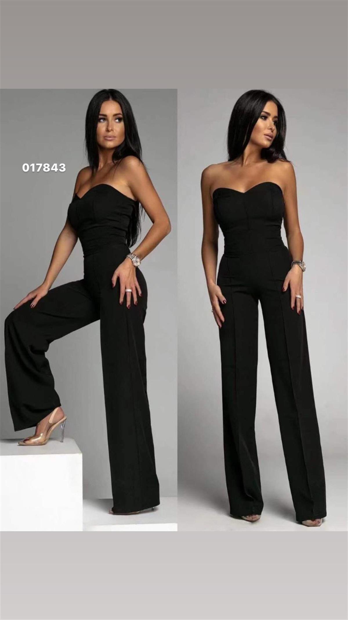 SİYAH Straplez likralı Crep kumaş tulum