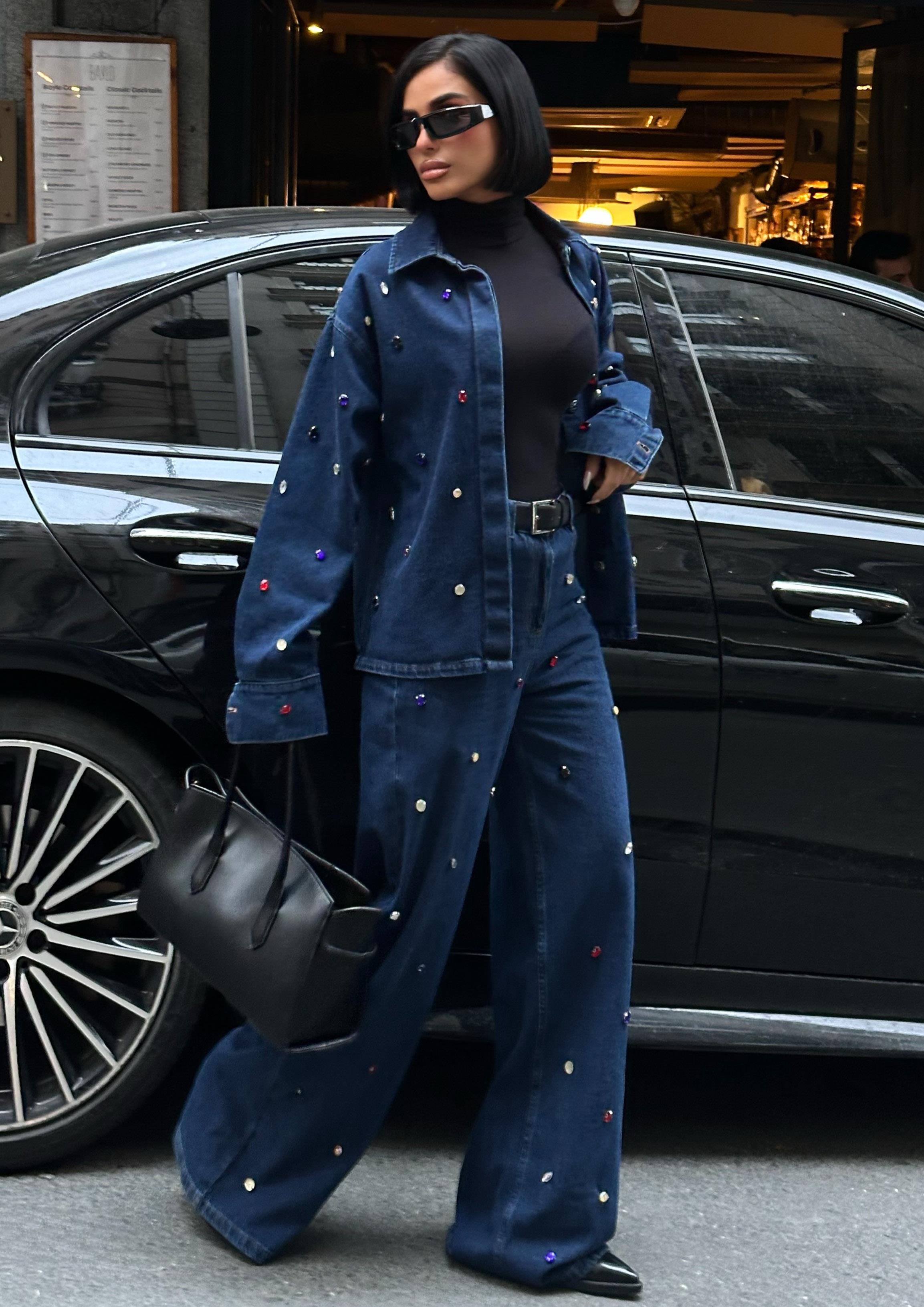 Taş Detaylı Denim Takım – Oversize Ceket 10278-08