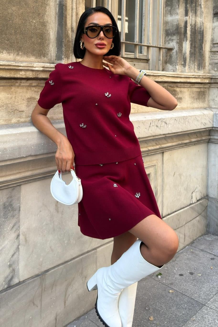 Taş İşlemeli Etekli Triko Takım 10220 R1-E-K1