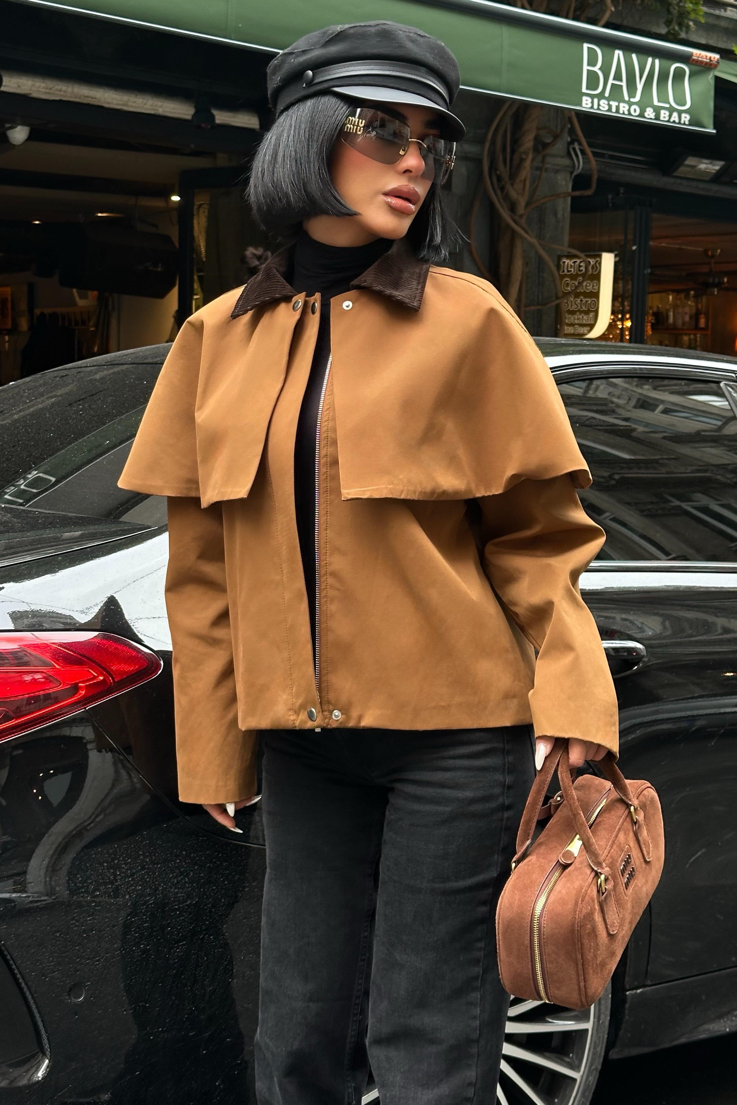 Trençkot Stil Pelerinli Ceket – Kadife Detay Mont 7076-08