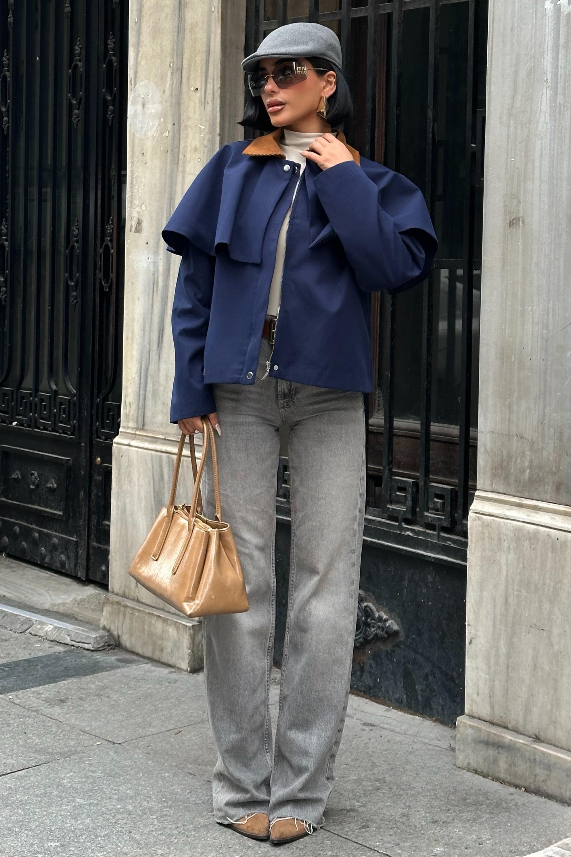 Trençkot Stil Pelerinli Ceket – Kadife Detay Mont 7076-08