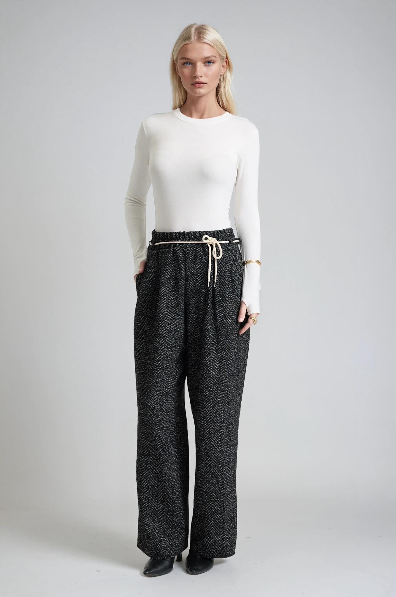 Tweed Dokulu Bağcıklı Rahat Kalıp Pantolon 0116