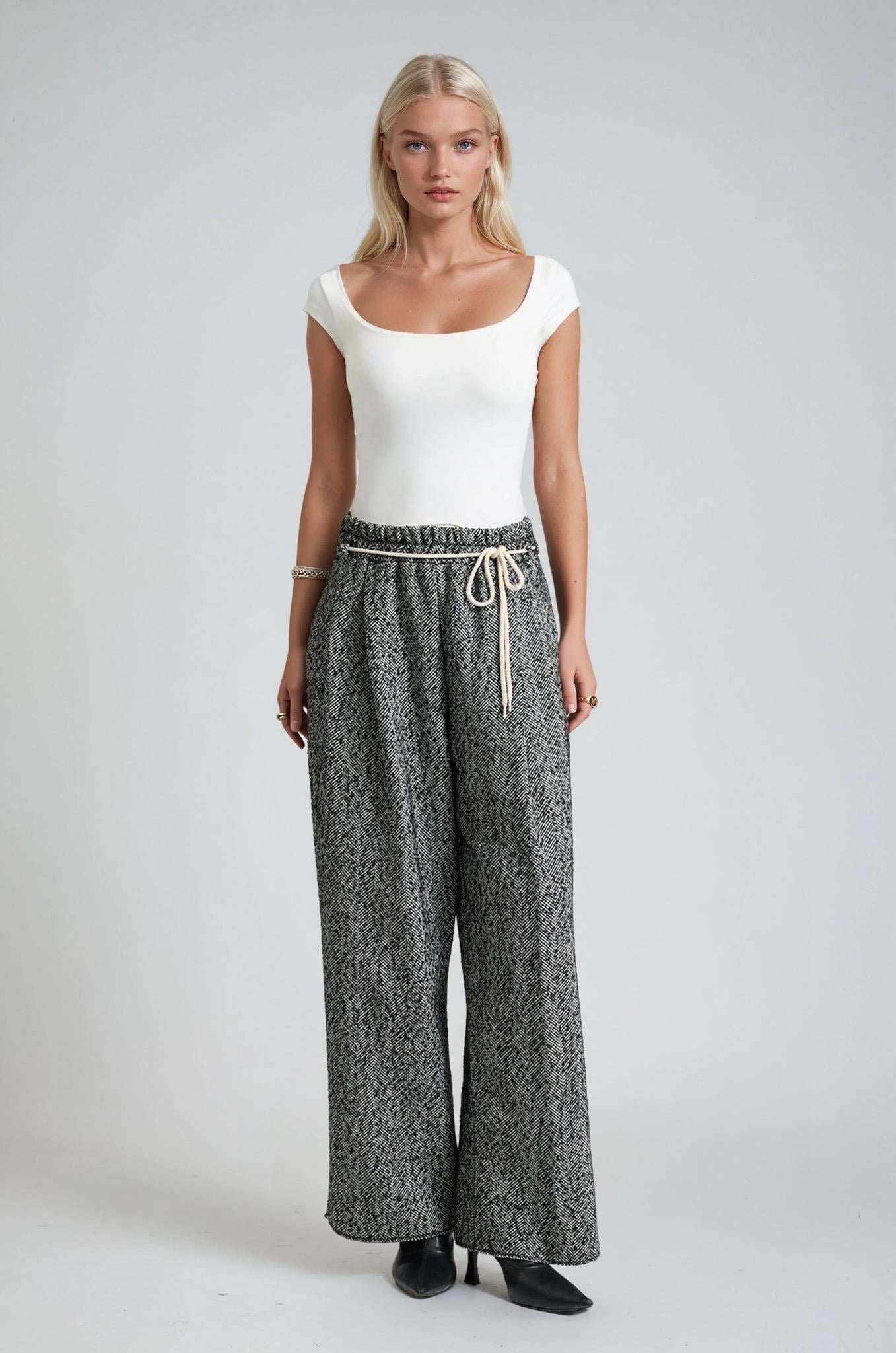 Tweed Dokulu Bağcıklı Rahat Kalıp Pantolon 0116