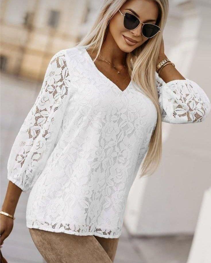 V Yaka Full Güpür Kumaş Bluz